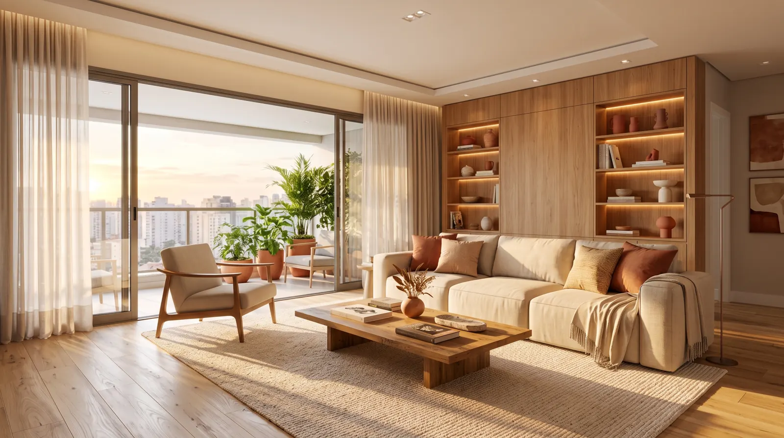 O mesmo living à tarde, com luz dourada e baixa