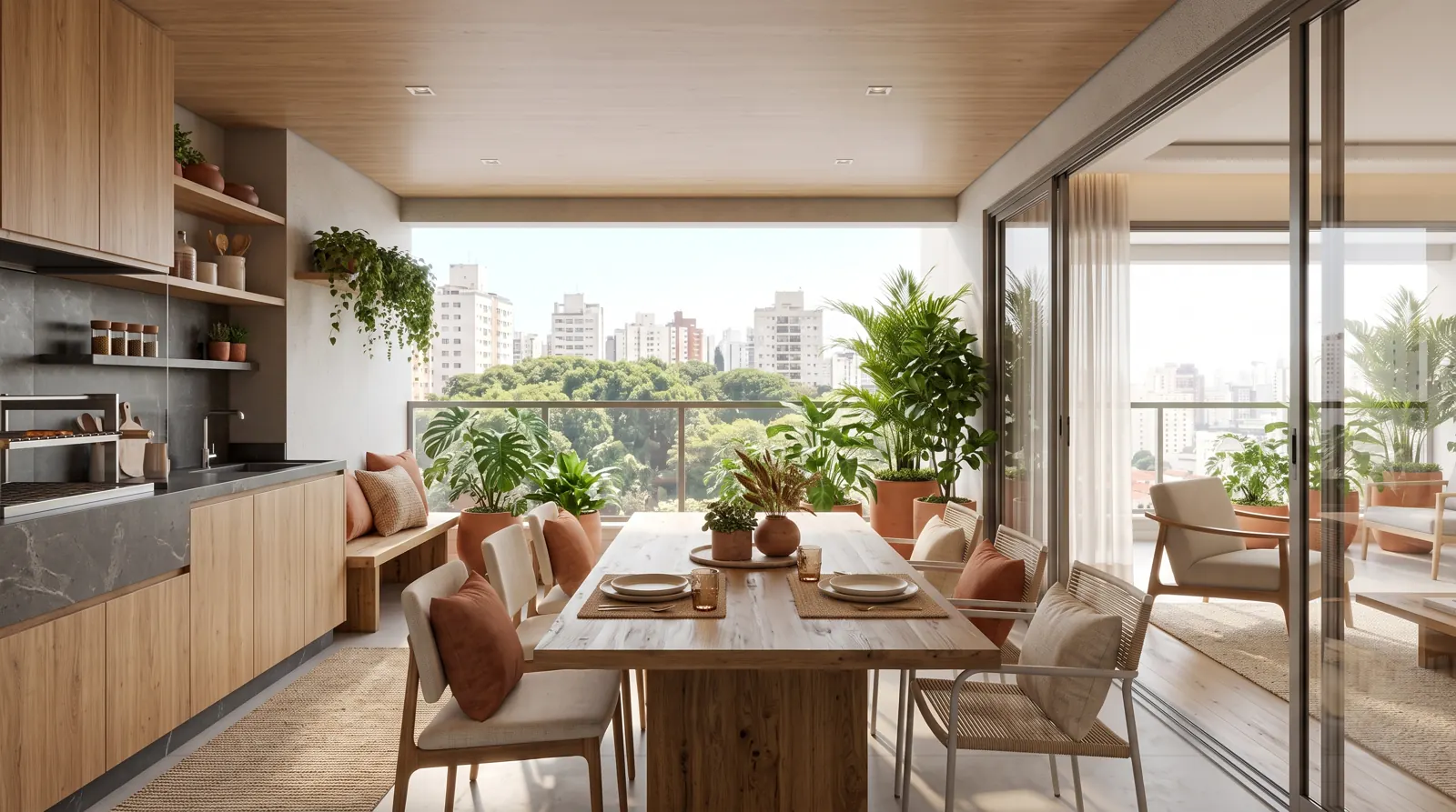 Varanda gourmet do Tipo A com mesa para oito e churrasqueira